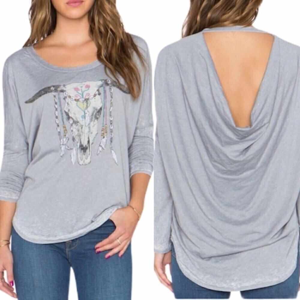 NWT CHASER Gray Cow Skull Jewels Boho Burnout Open Drape Back Shirt Top Medium